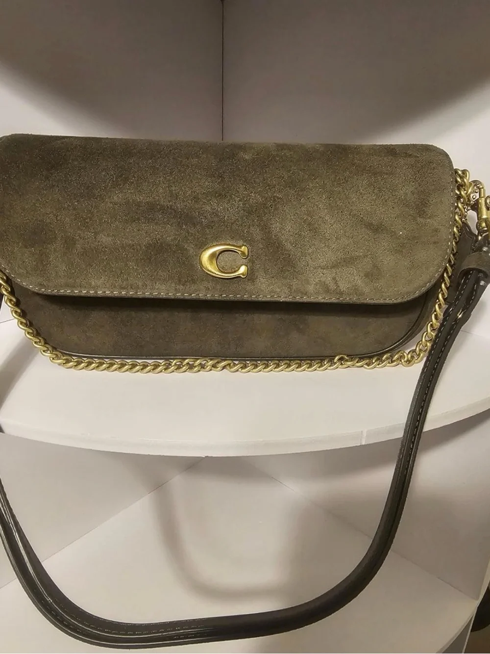 Coach Olive Green Suede Shoulder Bag with Gold Hardware